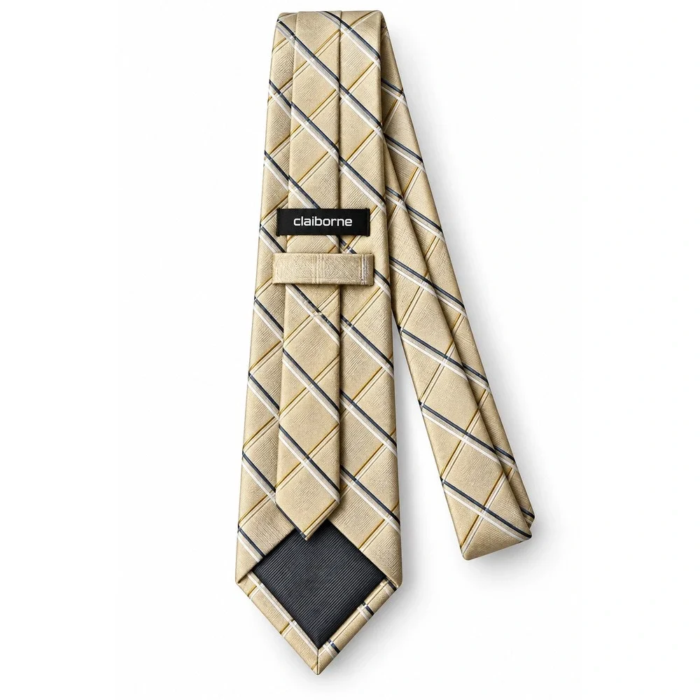 Claiborne Mens Silk Tie Gold Navy Blue White Diagonal Plaid Check Necktie